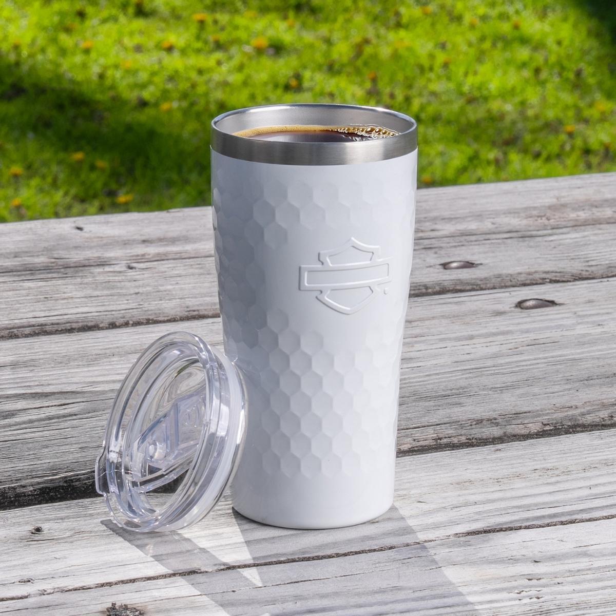 Embossed Open Bar & Shield Travel Mug - White | Ace Branded Products
